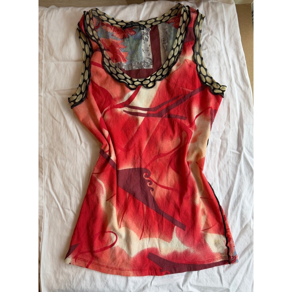 Marc Aurel Y2K Mesh Tank Top Size 36 Small Red Abstract Floral Scalloped Tirm - Picture 4 of 7